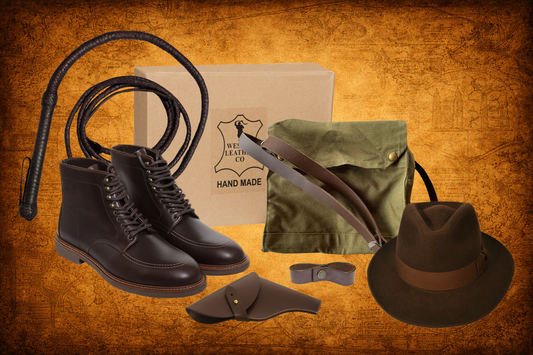 The Best Seller Indiana Jones Accessories Bundle, including hat, boots, gasbag with strap, whip, whip-to-belt strap, and holster