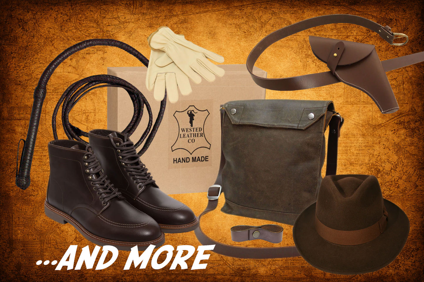 The Ultimate Indiana Jones Accessories Bundle, including hat, indy boots, gasbag with strap, adventure bag, leather whip, whip-to-belt strap, leather belt, webbing belt, gloves and holster